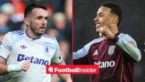 Aston Villa midfielder John McGinn in action during a game, as teammate Morgan Rogers punches the air on the other side of a split image.