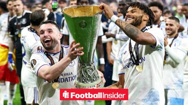 John McGinn 7 and Aston Villa defender Tyrone Mings 5 celebrate with the trophy during the SC Freiburg v Aston Villa UEFA Europa League FINAL match...