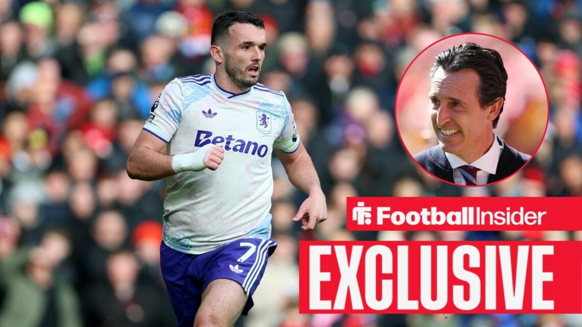 Aston Villa midfielder John McGinn alongside a circular inset of manager Unai Emery.