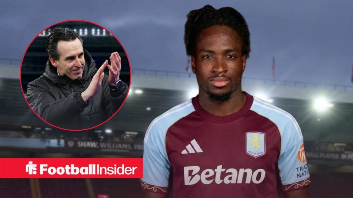 Bologna striker Jonathan Rowe stands wearing an Aston Villa shirt, as manager Unai Emery applauds in a circular inset.