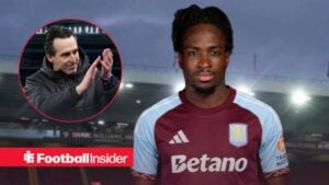 Bologna striker Jonathan Rowe stands wearing an Aston Villa shirt, as manager Unai Emery applauds in a circular inset.
