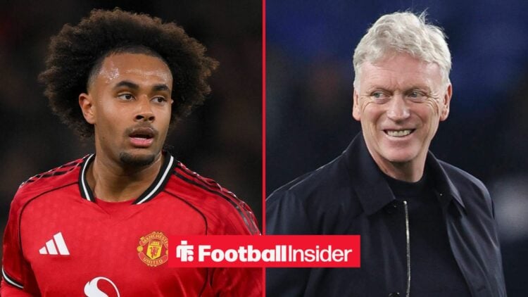 Joshua Zirkzee in action for Man United, with David Moyes on the sidelines at Everton