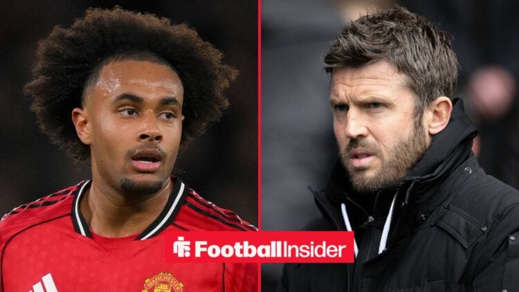 Joshua Zirkzee in action for Man United, with Michael Carrick on the sideliens