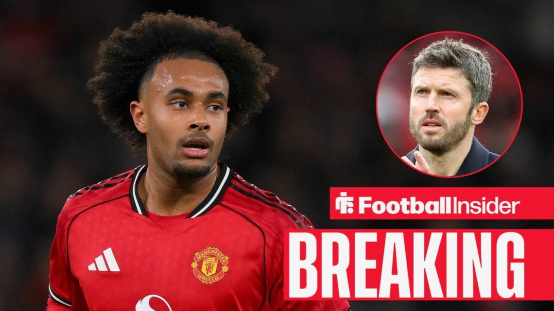 Joshua Zirkzee in action for Man United, with Michael Carrick in a circular inset