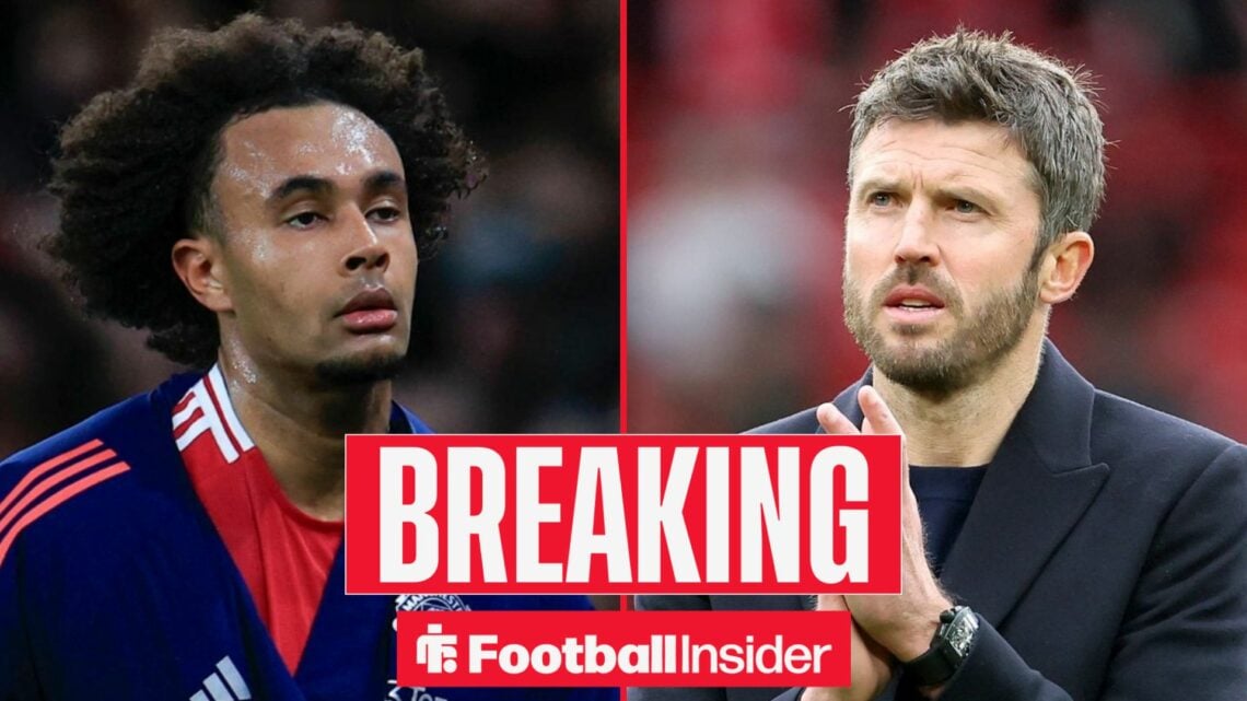 Joshua Zirkzee in action for Man United, with Michael Carrick on the sidelines