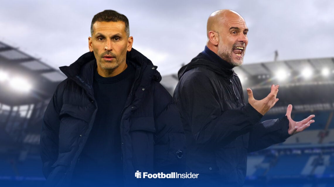 Manchester City chairman Khaldoon Al-Mubarak alongside manager Pep Guardiola at the Etihad.