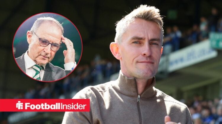 Kieran McKenna on the sidelines at Ipswich, with Martin O'Neill in a circular inset