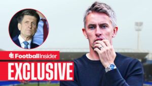 Football Insider exclusive as Ipswich manager Kieran McKenna scratches his face, while Crystal Palace chairman Steve Parish watches from a circular inset.
