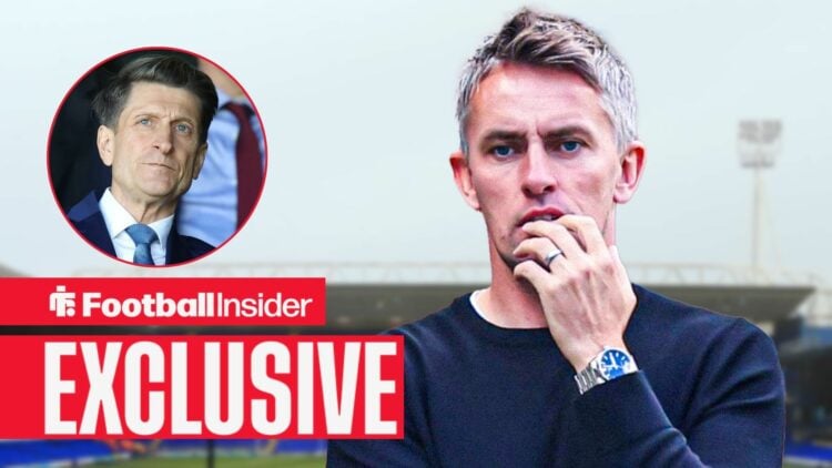 Football Insider exclusive as Ipswich manager Kieran McKenna scratches his face, while Crystal Palace chairman Steve Parish watches from a circular...