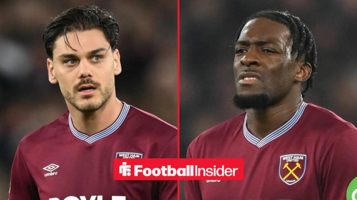 Konstantinos Mavropanos and Axel Disasi in action for West Ham