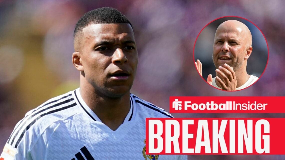 Kylian Mbappe in action for Real Madrid, with Arne Slot in a circular inset