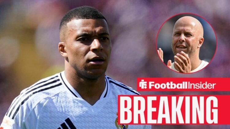 Kylian Mbappe in action for Real Madrid, with Arne Slot in a circular inset