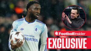 Football Insider exclusive as Aston Villa midfielder Lamare Bogarde holds the ball during a game, while manager Unai Emery applauds in a circular inset.
