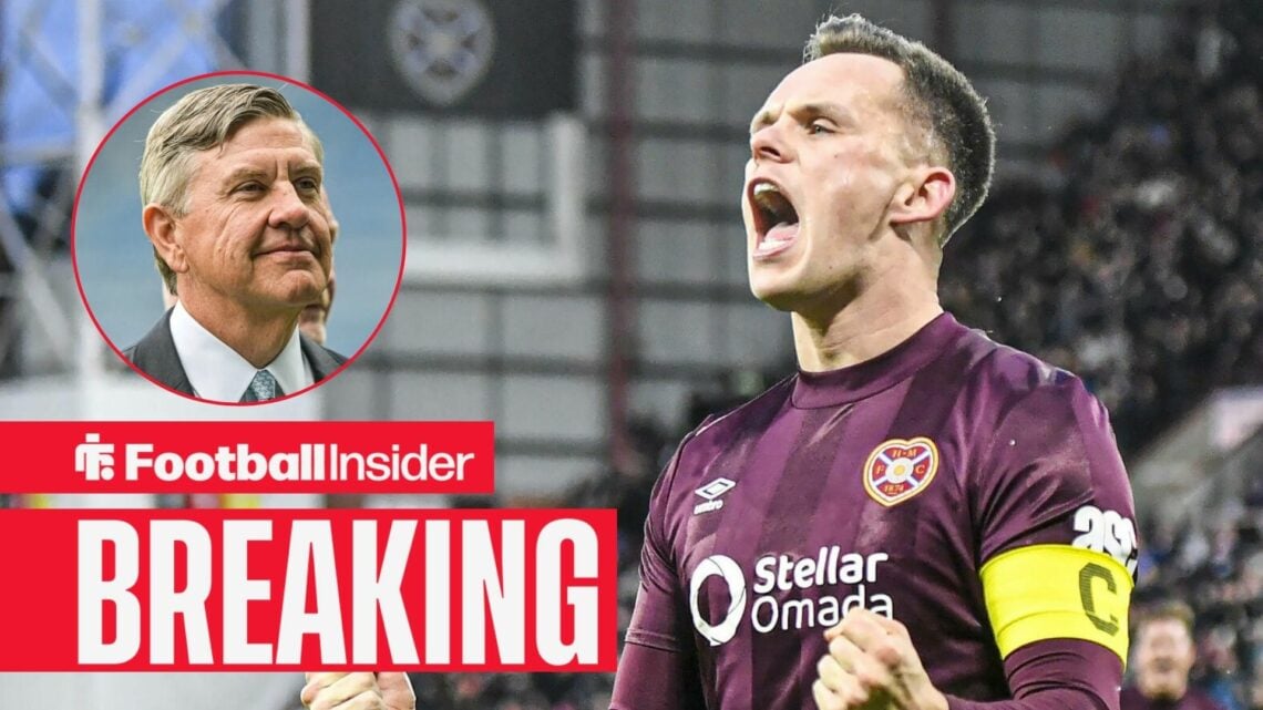 Hearts striker Lawrence Shankland celebrates a goal, as Rangers chairman Andrew Cavenagh smiles in a circular inset.