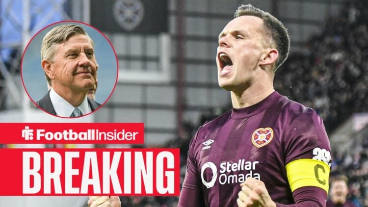 Hearts striker Lawrence Shankland celebrates a goal, as Rangers chairman Andrew Cavenagh smiles in a circular inset.