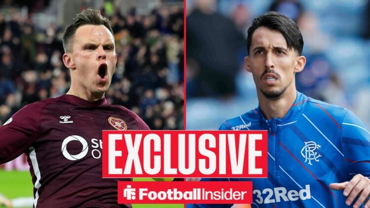Football Insider exclusive as Lawrence Shankland shouts while celebrating a goal for Hearts, while Rangers striker Bojan Miovski warms up on the ot...