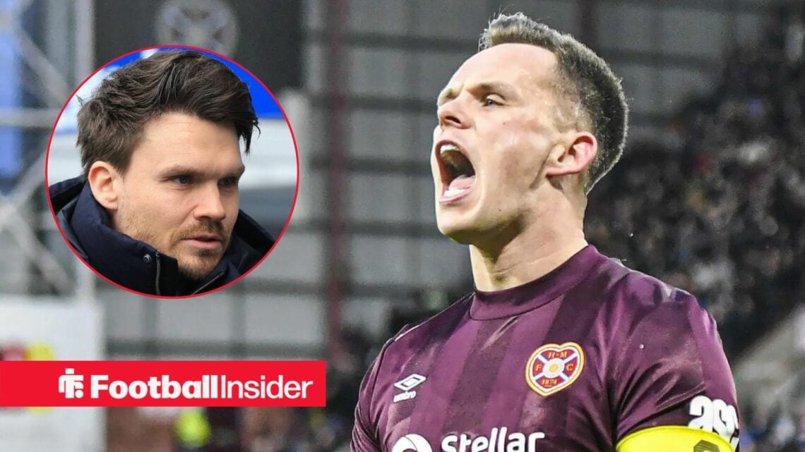 Lawrence Shankland in action for Hearts, with Danny Rohl in a circular inset