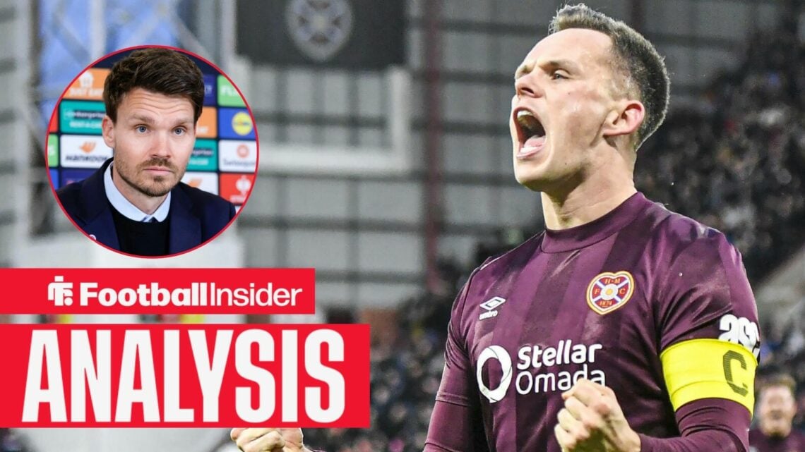 Hearts striker Lawrence Shankland punches the air while celebrating a goal, as Rangers manager Danny Rohl sits in a press conference in a circular ...