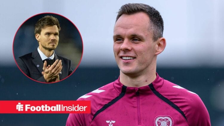 Hearts striker Lawrence Shankland smiles during training, as Rangers manager Danny Rohl applauds in a circular inset.