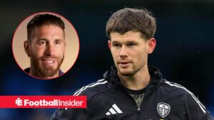 Leeds United goalkeeper Illan Meslier as main image with Sergio Ramos in circular inset on the left