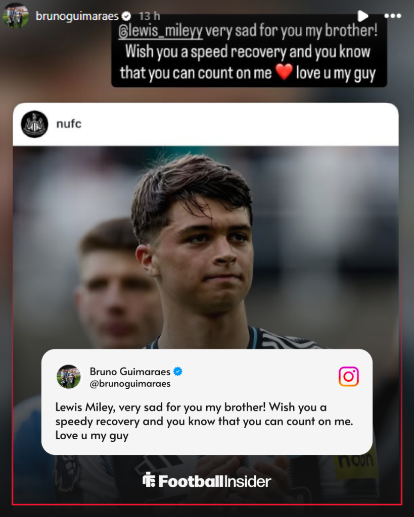Bruno Guimaraes sends message on Instagram to Lewis Miley after new injry at Newcastle United