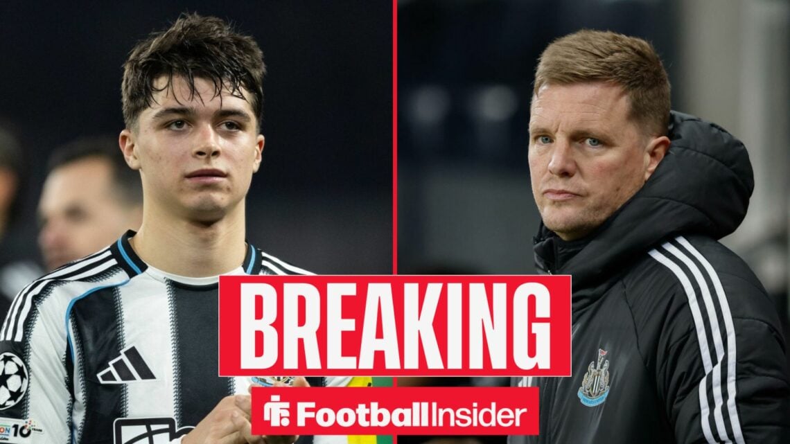Lewis Miley applauding at Newcastle, with Eddie Howe on the sidelines