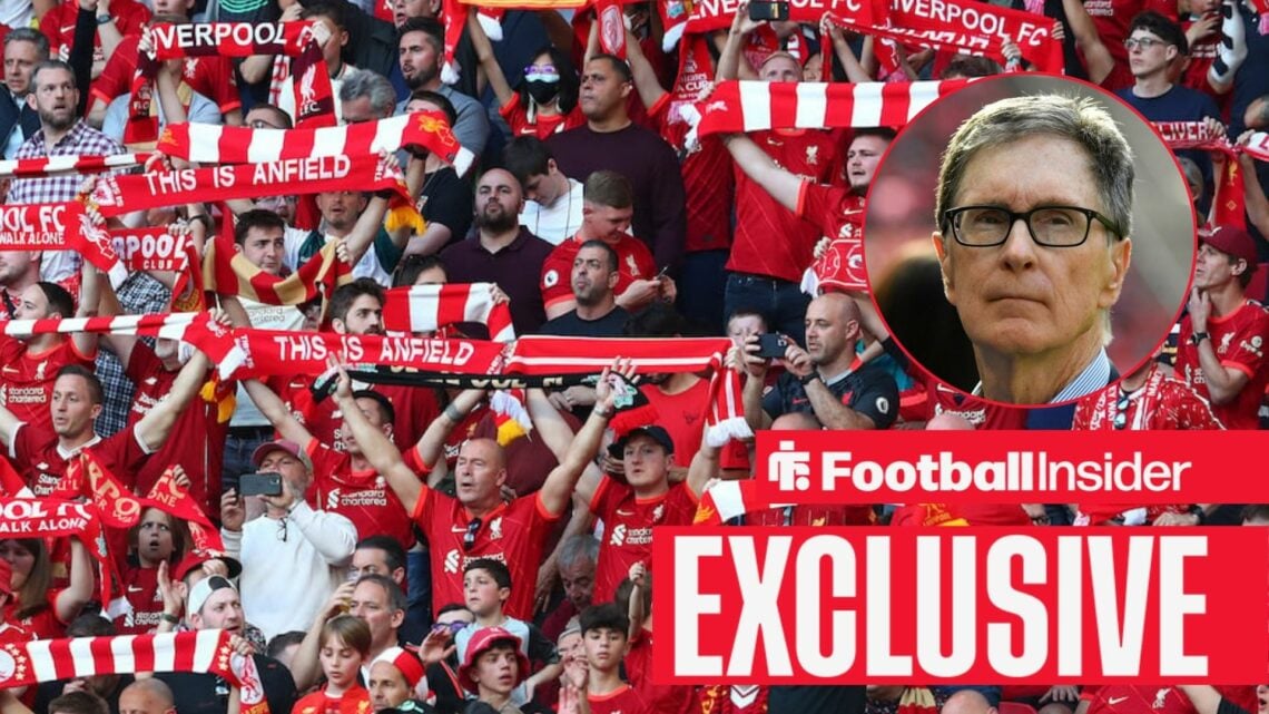 Liverpool fans alongside a circular inset of owner John W Henry