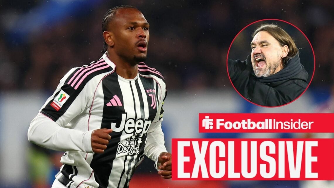 Football Insider exclusive as Juventus striker Lois Openda is in action during a game, while Leeds manager Daniel Farke celebrates in a circular in...