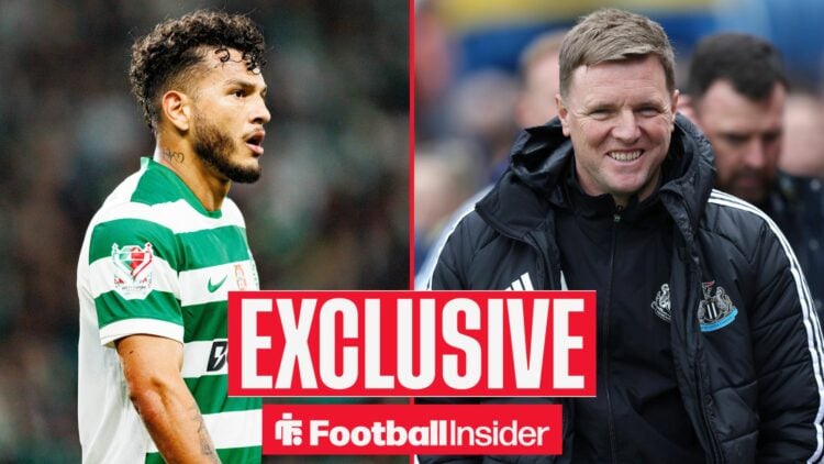 Football Insider exclusive as Sporting striker Luis Suarez stares across a split image towards Newcastle manager Eddie Howe, who smiles on the touc...