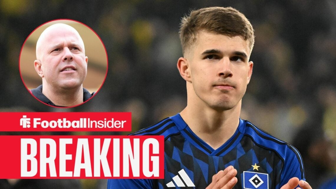 Luka Vuskovic applauding the fans at Hamburg, with Arne Slot in a circular inset
