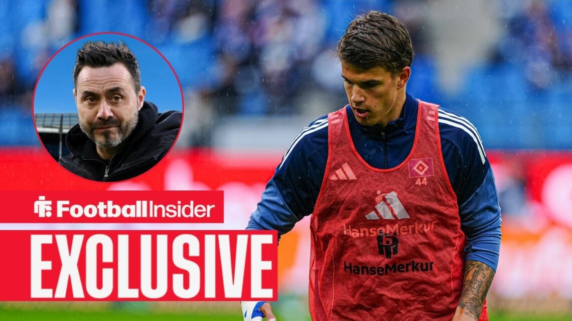Football Insider exclusive as Luka Vuskovic warms up for a game for Hamburg, while Tottenham manager Roberto De Zerbi watches from a circular inset.