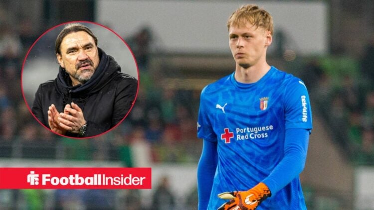Braga goalkeeper Lukas Hornicek in action during a game, as Leeds manager Daniel Farke applauds in a circular inset.
