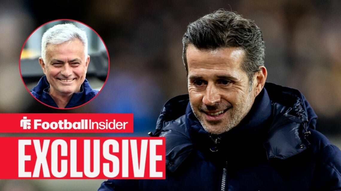Marco Silva on the sidelines at Fulham, with Jose Mourinho in a circular inset