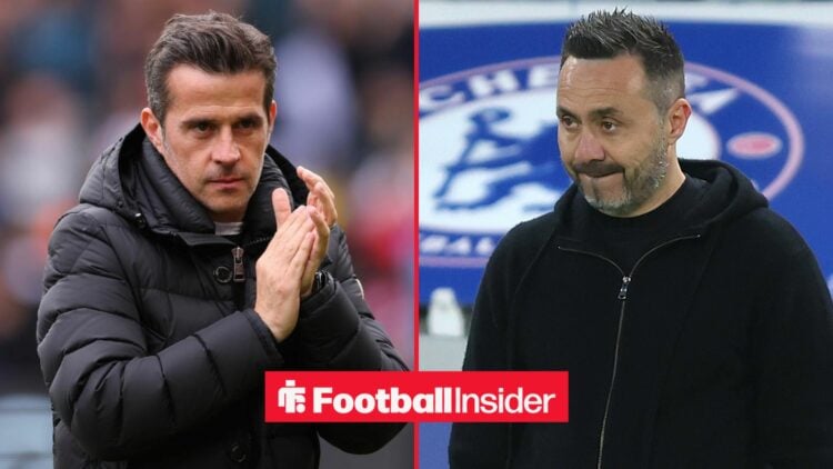 Fulham manager Marco Silva applauding the supporters / Roberto De Zerbi Manager of Tottenham Hotspur during the Premier League match between Chelse...