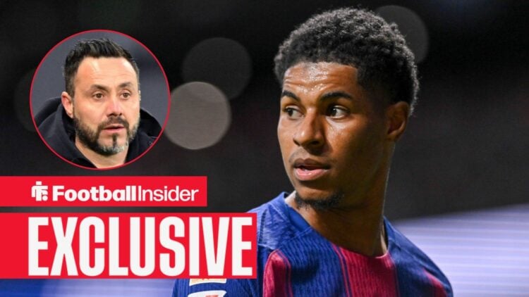 Marcus Rashford alongside a circular inset of Tottenham manager Roberto De Zerbi