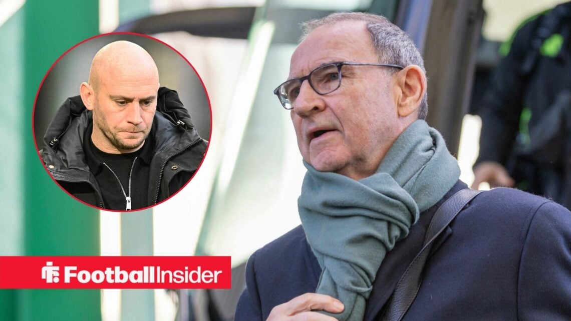 Celtic manager Martin O'Neill steps off the team bus, as Hibs boss David Gray watches from a circular inset.
