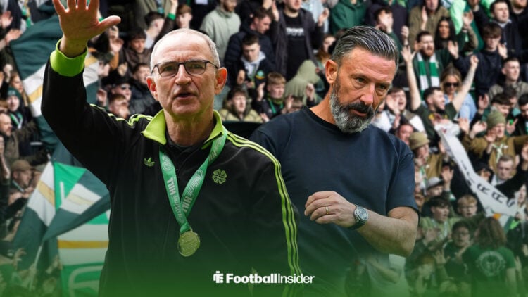 Celtic manager Martin O'Neill alongside Hearts manager Derek McInnes at Celtic Park.
