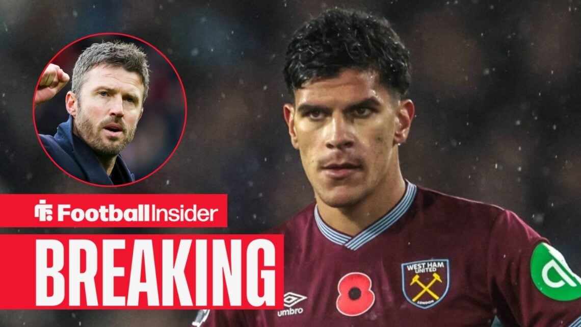 Mateus Fernandes in action for West Ham, with Michael Carrick in a circular inset