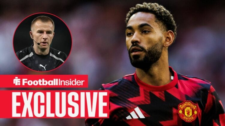 Football Insider exclusive as Matheus Cunha warms up for a game for Manchester United, while referee Michael Salisbury is in action in a circular i...