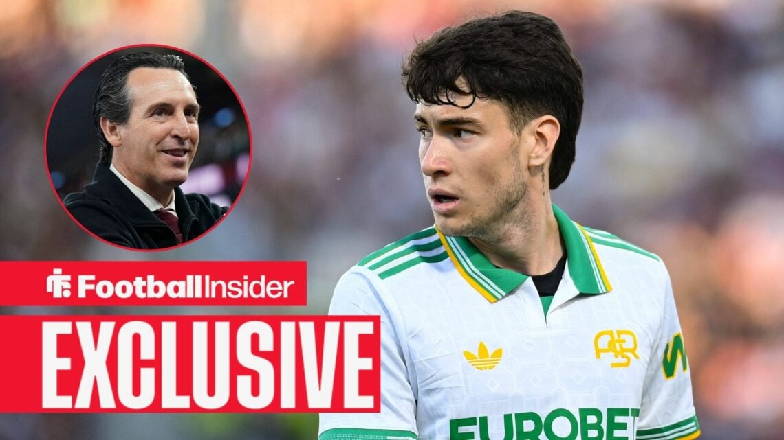 Football Insider exclusive as Roma midfielder stares towards Aston Villa manager Unai Emery, who smiles in a circular inset.