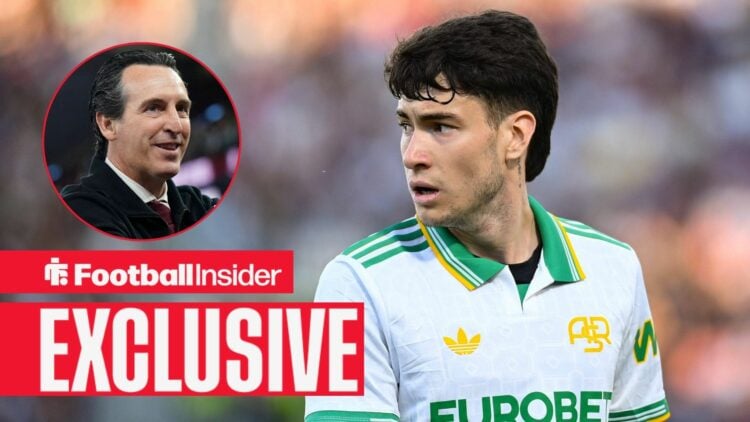 Football Insider exclusive as Roma midfielder stares towards Aston Villa manager Unai Emery, who smiles in a circular inset.