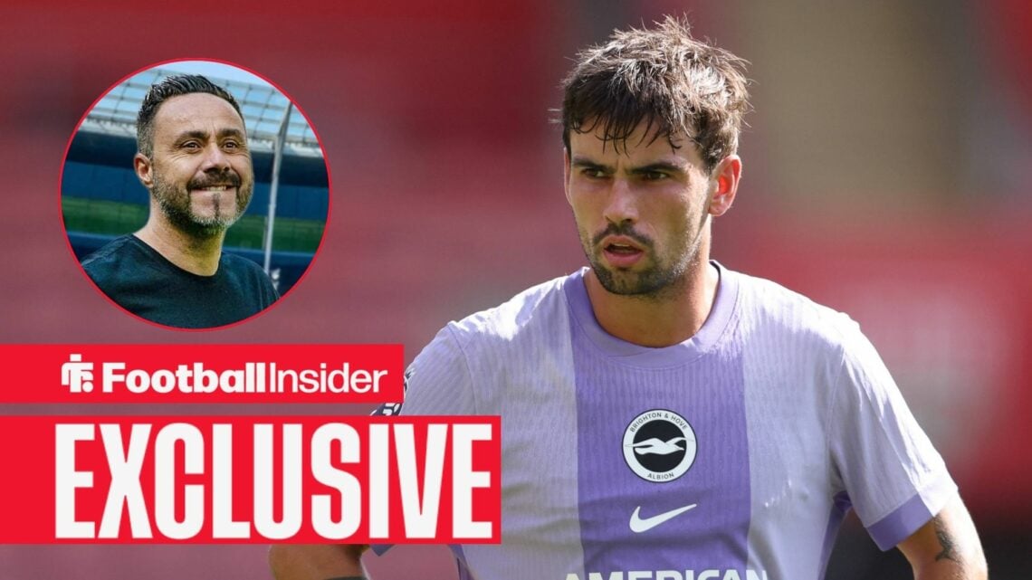 Football Insider exclusive as Brighton midfielder Matt O'Riley is in action during a game, while Tottenham manager Roberto De Zerbi watches from a ...