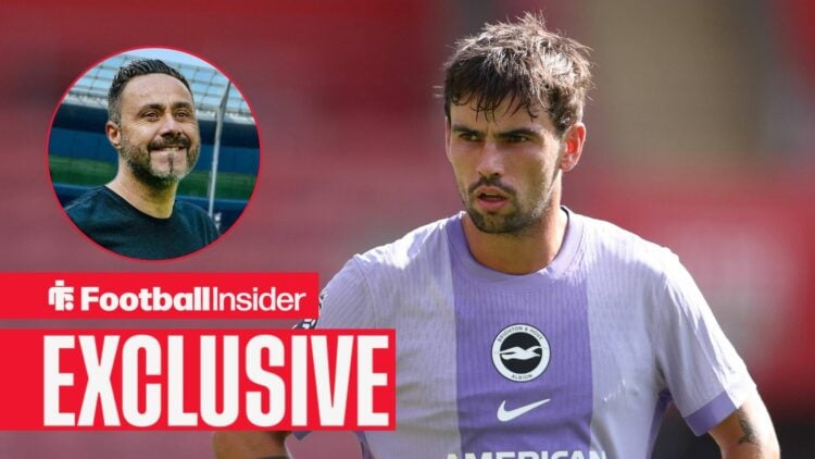 Football Insider exclusive as Brighton midfielder Matt O'Riley is in action during a game, while Tottenham manager Roberto De Zerbi watches from a ...