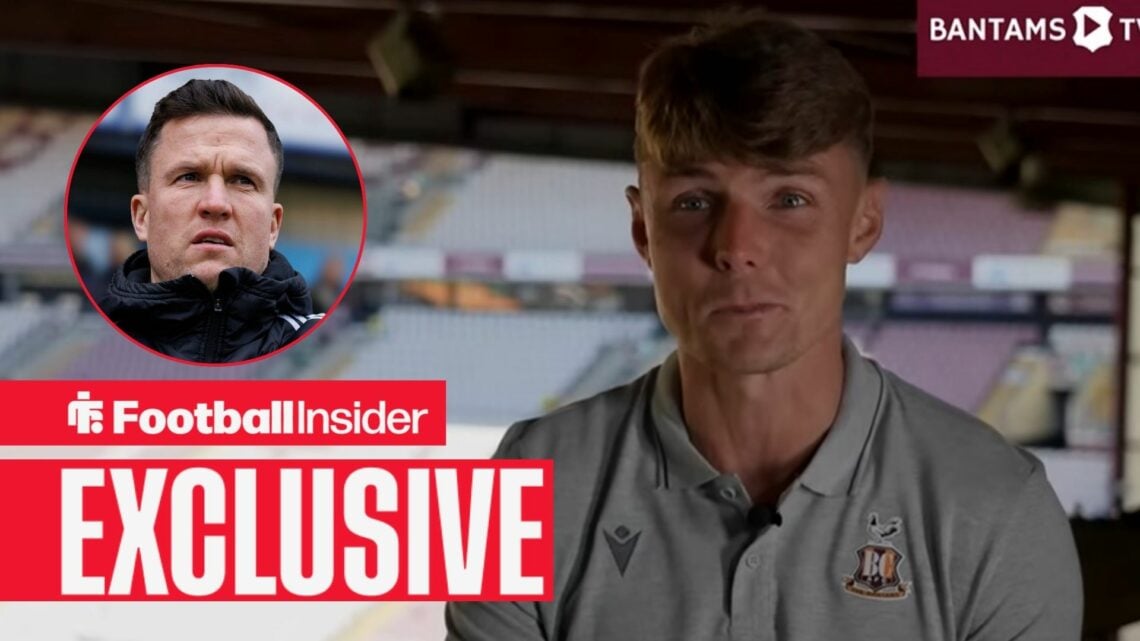 Max Power in an interview with Bradford City, with Gary Caldwell in a circular inset