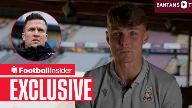 Max Power in an interview with Bradford City, with Gary Caldwell in a circular inset