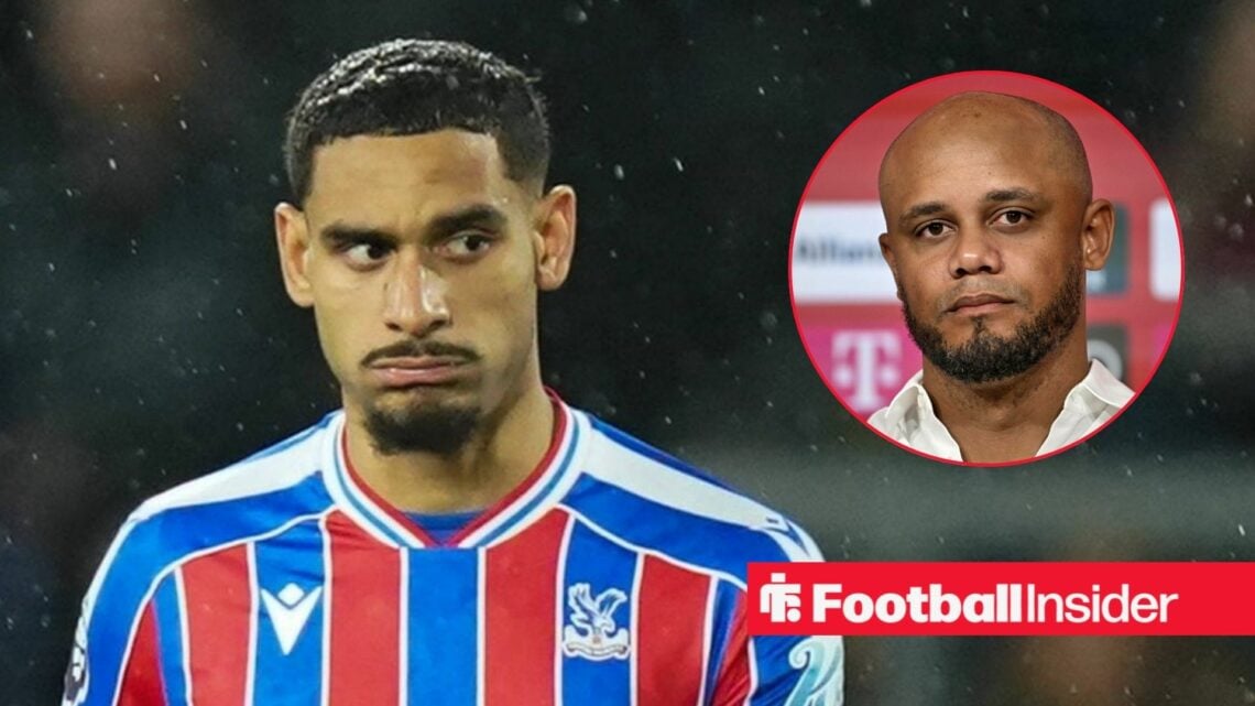 Maxence Lacroix in action for Crystal Palace, with Vincent Kompany in a circular inset