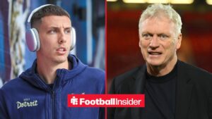 Burnley defender Maxime Esteve arrives at a game wearing headphones, as Everton manager David Moyes smiles on the other side of a split image.