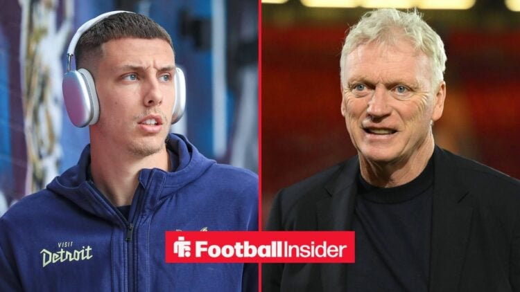 Burnley defender Maxime Esteve arrives at a game wearing headphones, as Everton manager David Moyes smiles on the other side of a split image.
