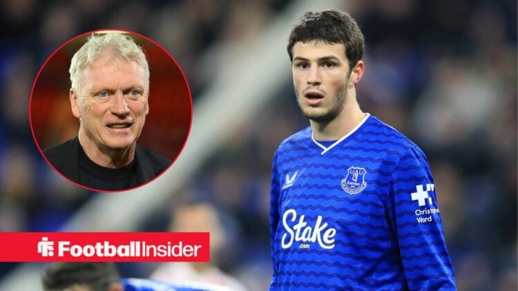 Merlin Rohl in action during a game for Everton, as manager David Moyes smiles in a circular inset.