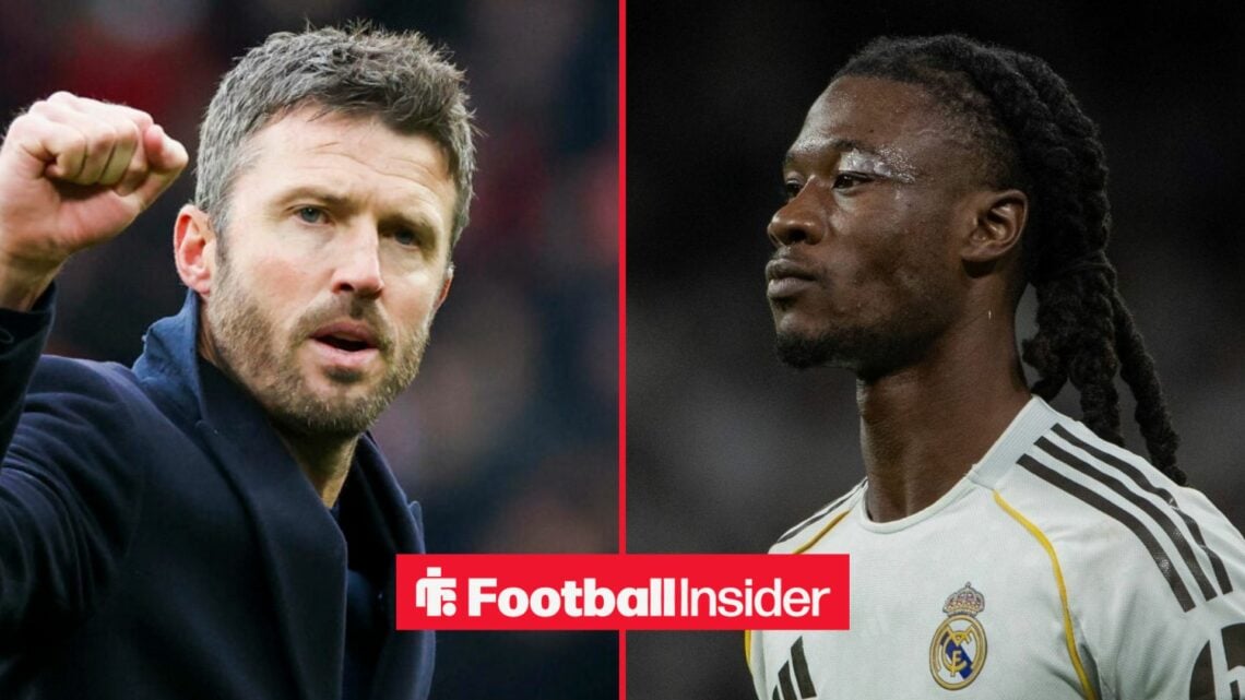 Michael Carrick on the sidelines at Man United, with Eduardo Camavinga in action for Real Madrid